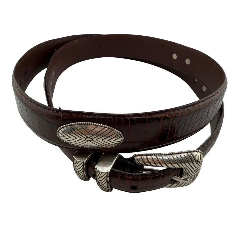 Roundtree & Yorke Mens Genuine‎ Leather Embossed Belt Silver Buckle Size 42